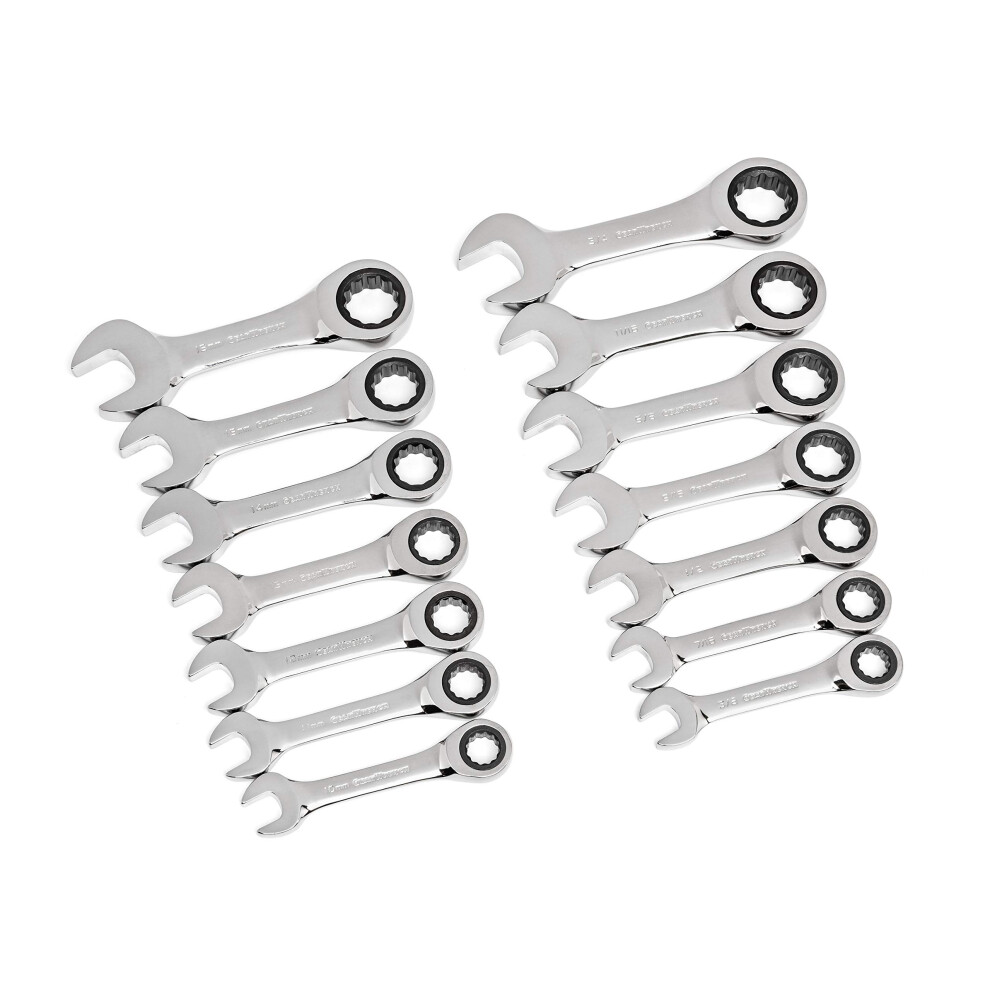 GEARWRENCH 14 Pc. 12 Point Stubby Ratcheting SAE/Metric Combination Wrench Set - 85206