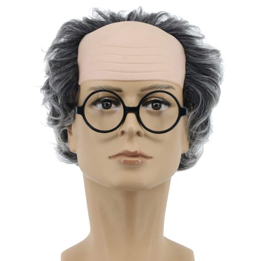 Yuehong Short Gray Old Men Wig Fluffy Bald Head Wig Synthetic Hallowee