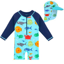 Huaaniue Baby/Toddler Boy Swimsuit Rashguard badklder lngrmad i ett stycke med hatt 6-12 mnader