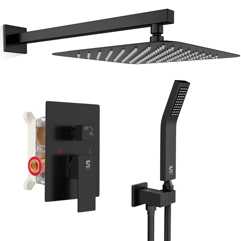SR SUN RISE 12 Inches Matte Black Shower System 12 Inch Brass Bathroom Luxury Rain Mixer Shower Combo Set Wall Mounted Rainfall Shower Head-image-OPC-PFNGHBC-NEW