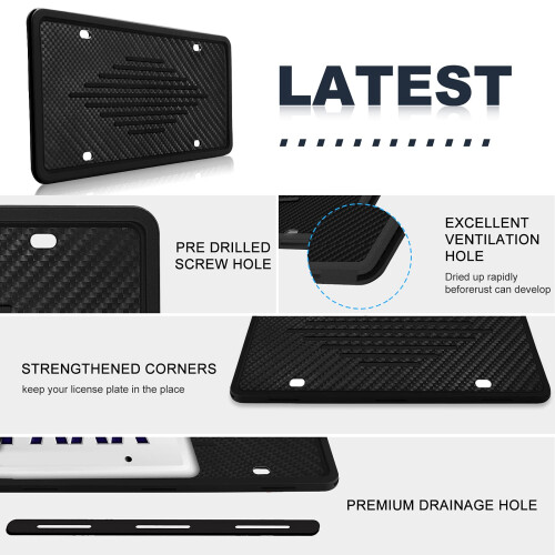Intermerge License Plate Frames  2 Pack  Universal US Car Black TPU Bracket Holder RustProof  RattleProof  WeatherProof with 1