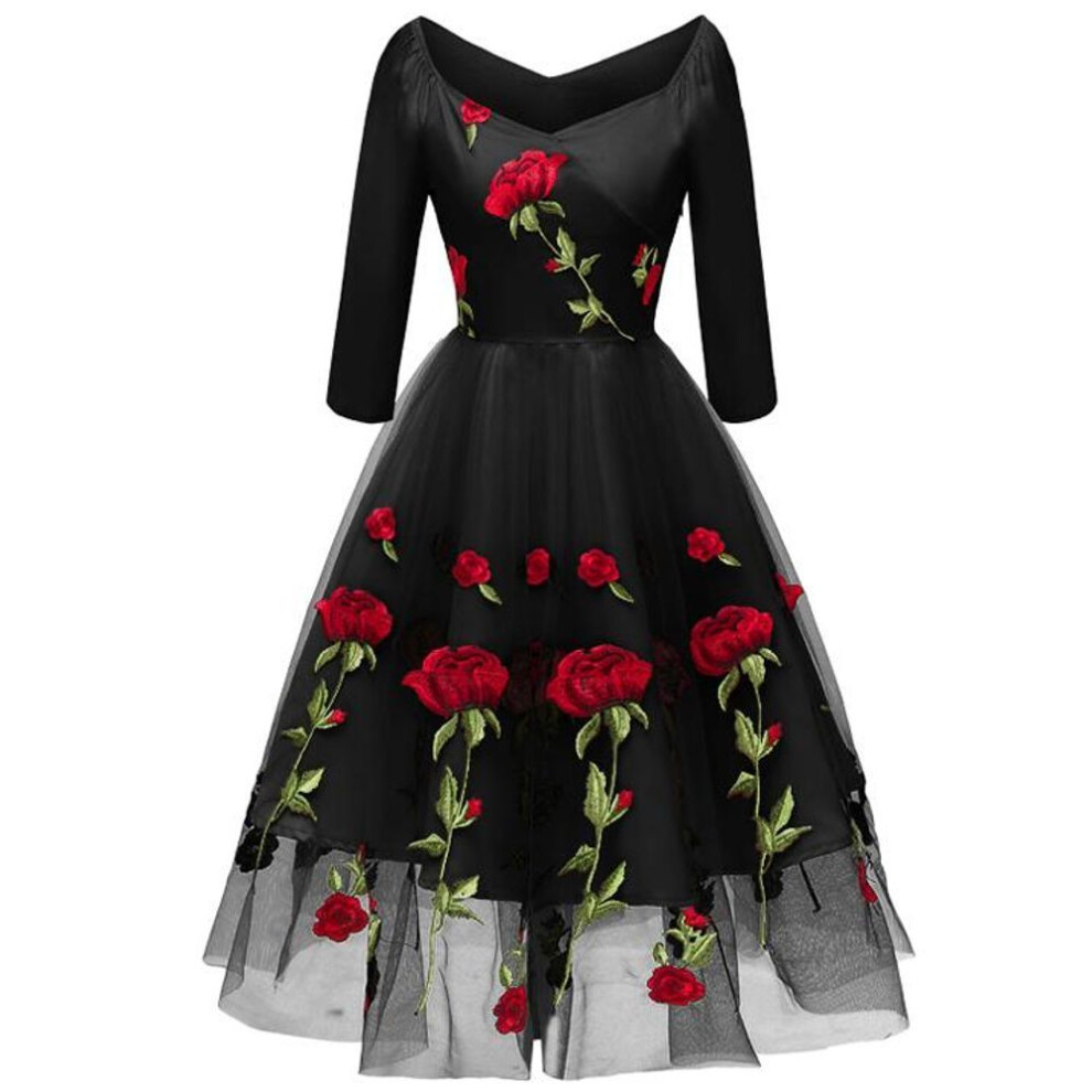 (black, XXL) Women&apos;s Red Rose Embroided Midi Prom Dress Mesh Tulle 3/4 Sleeve Wedding Guest Bridesmaid Cocktail Evening Party Special Formal Occasion Outfit