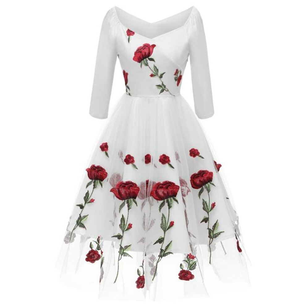 (off white, XL) Women&apos;s Red Rose Embroided Midi Prom Dress Mesh Tulle 3/4 Sleeve Wedding Guest Bridesmaid Cocktail Evening Party Special Formal Occasion Outfit