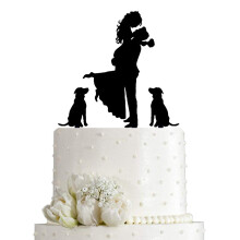 Topper pentru tort de nunta - Mire ?in mire cu flori pe lnga 2 caini de companie silueta pentru decorare tort (negru)