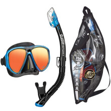 TUSA Sport Adult PowerView Mask and Dry Snorkel Combo Black/Fishtail Blue Mirrored Lens (UC-2425pmqb-fbb)