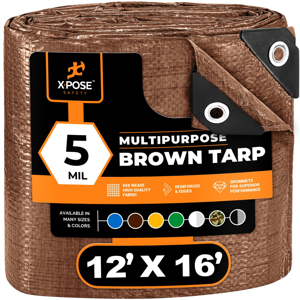 Multipurpose Protective Cover Brown Poly Tarp 12' x 16' - Durable  Water Resistant  Weather Resistant - 5 Mil Thick Polyethylene - by Xpose Safety-image-OPC-PFY6TZ5-NEW