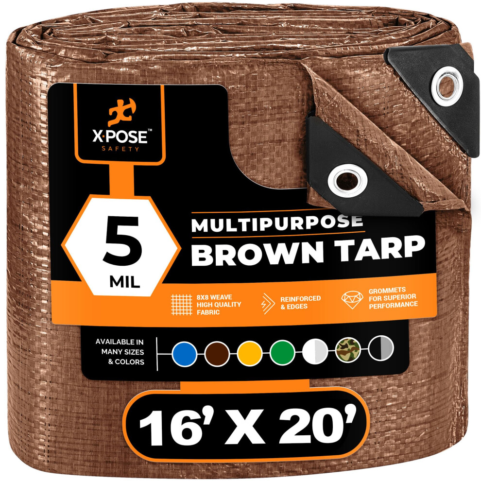 Multipurpose Protective Cover Brown Poly Tarp 16' X 20' - Durable Water Resistant Weather Resistant - 5 Mil Thick Polyethylene - By Xpose Safety 812412033244