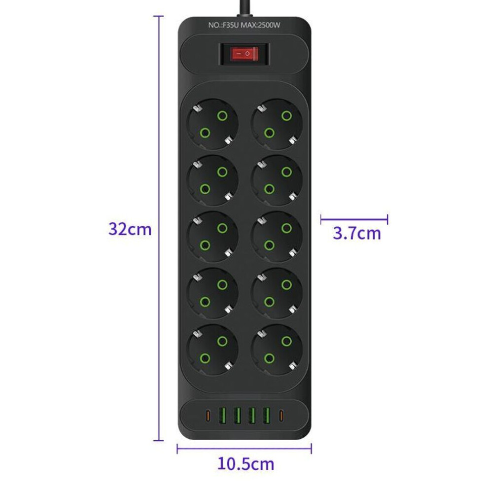(black) Eu Plug Ac Outlet Multitap Power Strip 2m Extension Cord Electrical Socket Smart Usb Home Office Surge Protector Network Filter
