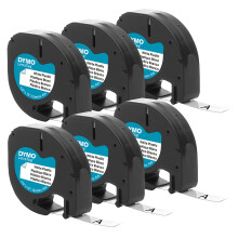 Dymo Authentic LT Plastic Labeling Tape fr Letratag Etikettstillverkare 1/2 """" (12mm) svart tryck p vitband 6-pack