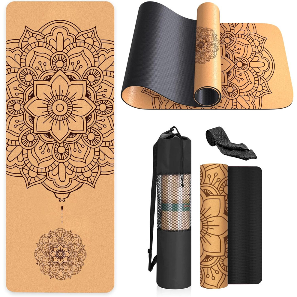 (Mandala Motifs) Eco-Friendly Yoga Mat Non Slip Unique Design Natural Cork Tpe Material Fitness Exercise Mat with Carry Bag and Strap For Home