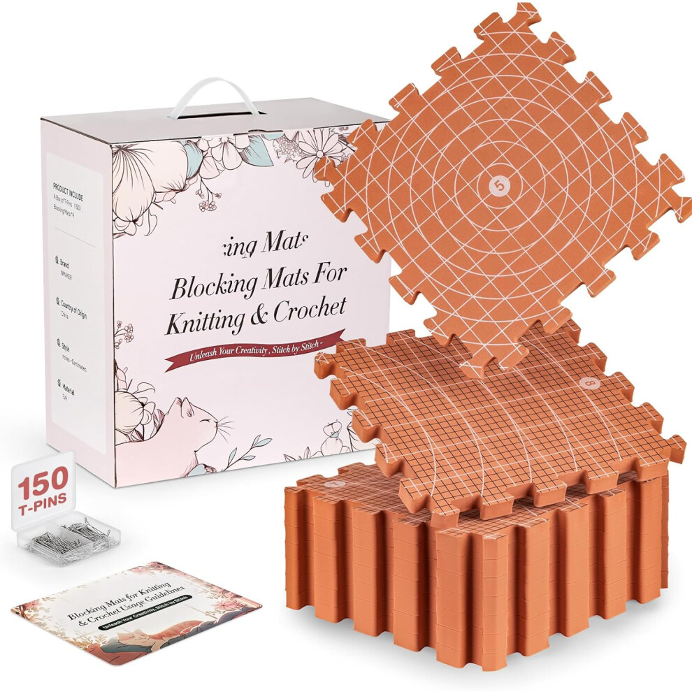 (Tangerine Red) Blocking Mats for Knitting– Upgraded Version Blocking Mats with Double-Sided Design (CM & Inches)