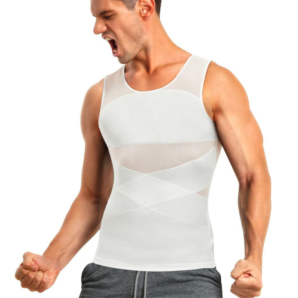 (white, XL) Men&apos;s Body Shaper Slimming Shirt Tummy Control Vest Chest Compression Base Layer Abdomen Slim Muscle Tank Tops Shapewear Waist Trainer Undershirt