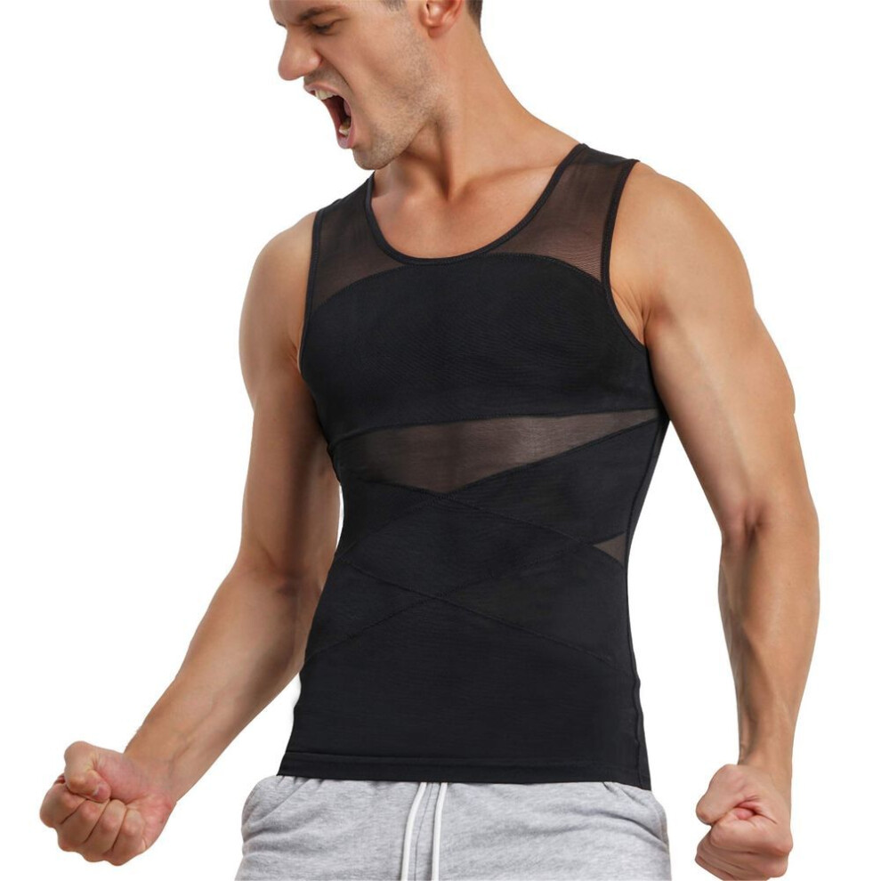 (black, XXL) Men&apos;s Body Shaper Slimming Shirt Tummy Control Vest Chest Compression Base Layer Abdomen Slim Muscle Tank Tops Shapewear Waist Trainer Undershirt