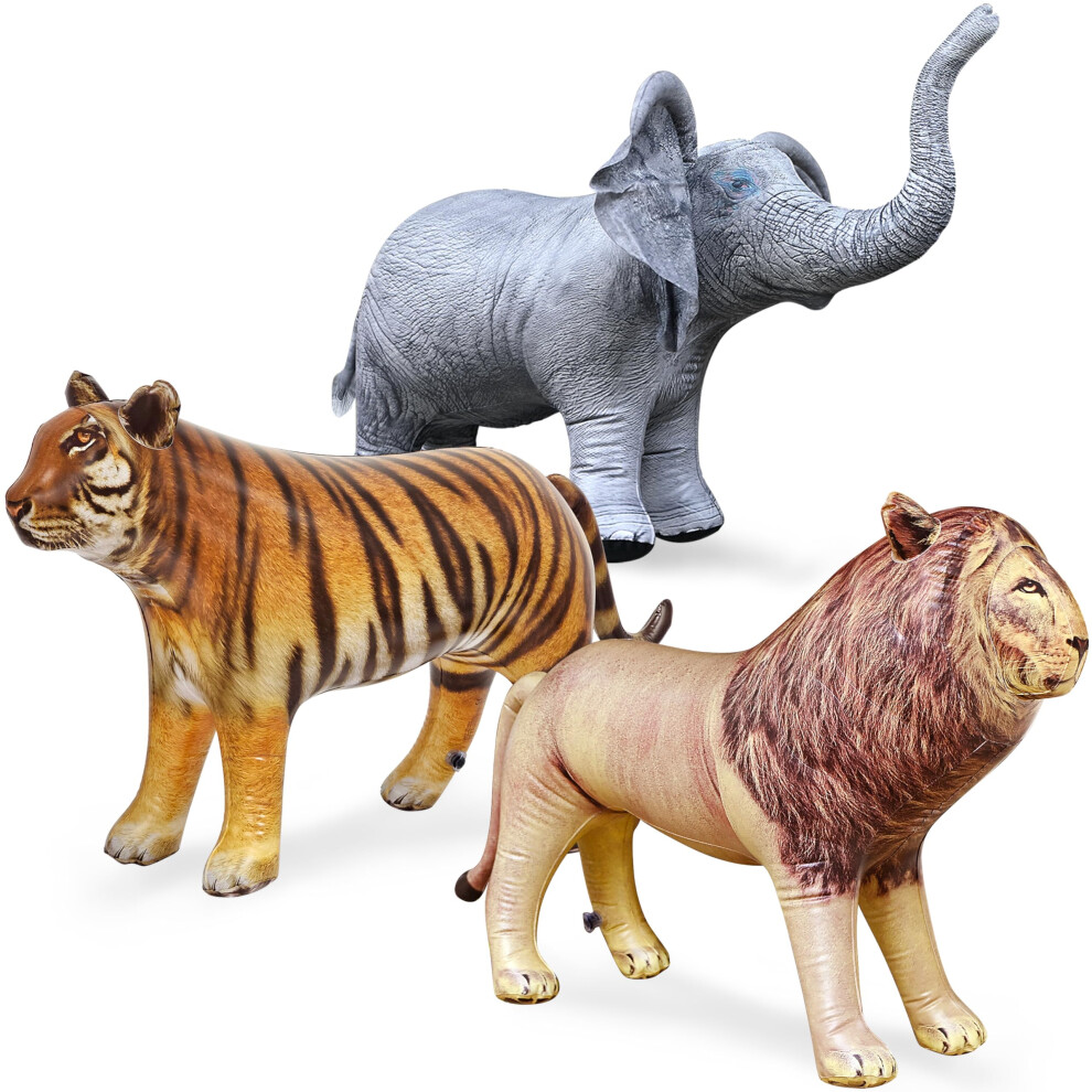 Jet Creations Life On Earth Wildlife Safari Inflatable 3-Pk Lion Tiger Elephant Realistic Animals For Party Decoration Pool Birthday Jung