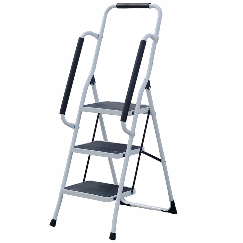 3 Step Ladder Folding Stool Steel Non Slip Foldable With Handrail