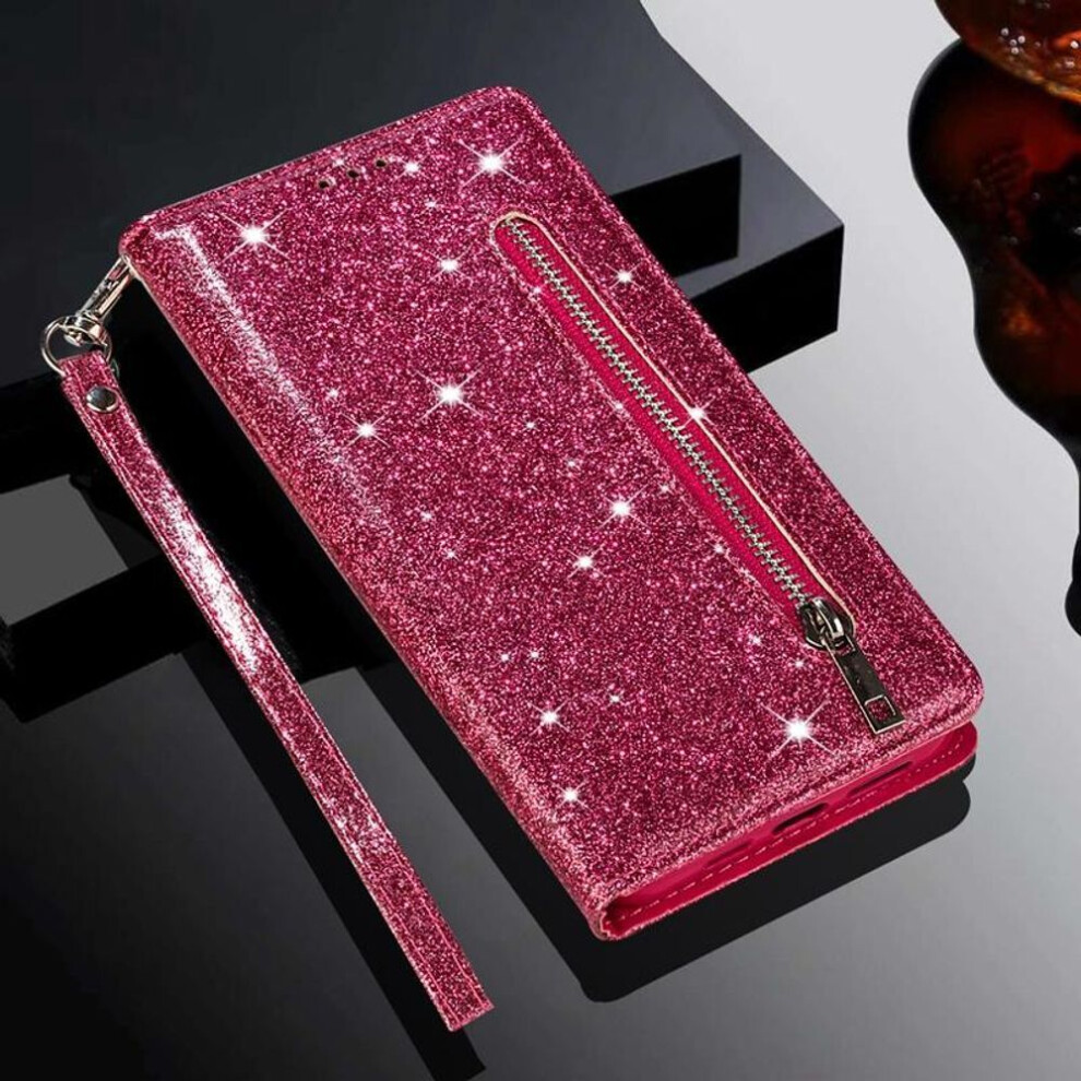 (hot pink, Galaxy Note 20 Ultra) Women&apos;s Fashion Glitter Powders Zipper Wallet Case For Iphone Samsung Xiaomi Huawei Luxury Card Slots + Photo Frame Flip Covers With Hand-strap