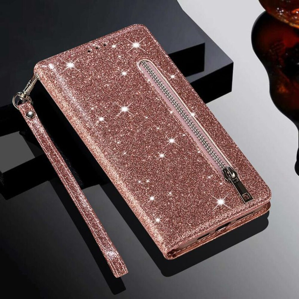 (rose gold, Galaxy Note 20 Ultra) Women&apos;s Fashion Glitter Powders Zipper Wallet Case For Iphone Samsung Xiaomi Huawei Luxury Card Slots + Photo Frame Flip Covers With Hand-strap