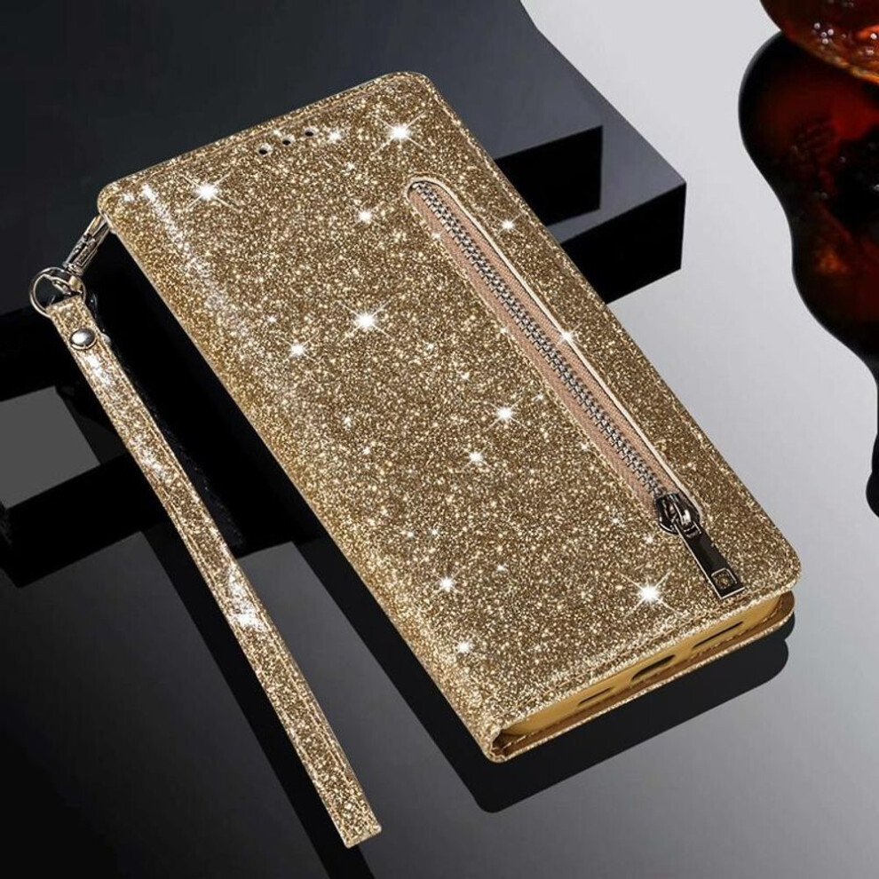 (gold, Huawei P30 Lite) Women&apos;s Fashion Glitter Powders Zipper Wallet Case for iPhone Samsung Xiaomi Huawei Luxury Card Slots + Photo Frame Flip Covers with Hand-strap