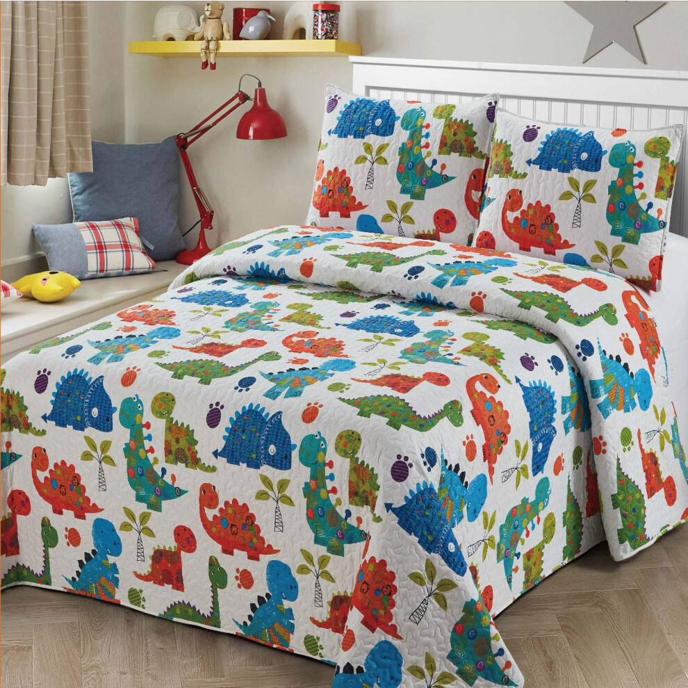 Couvre-lit 3 pi  ces pour lit double ou queen size, motif dinosaures, blanc, bleu, vert, orange, multicolore, pour enfants et adolescents.