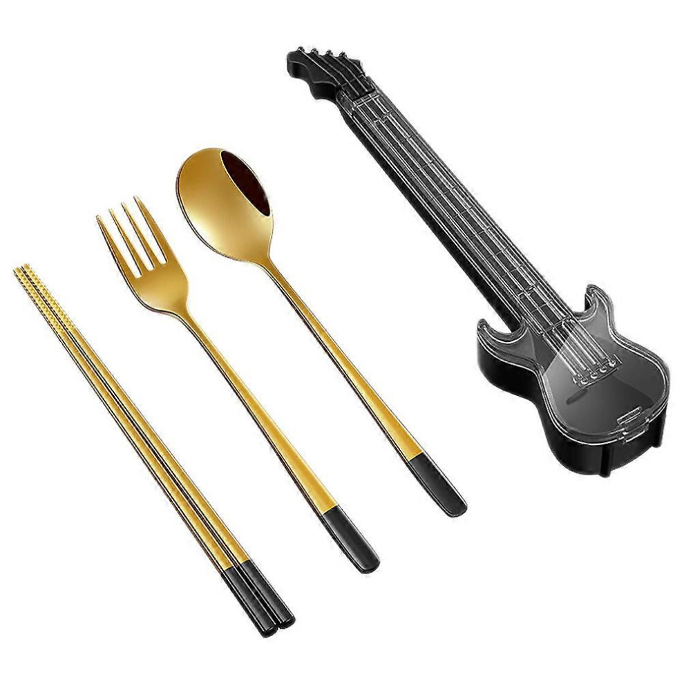 Kricely (As Show, One Size) 1 Set Of Lunch Utensils Set Spoon Fork Chopstick Set For Lunch Portable Tableware Guitar Shape Box Set