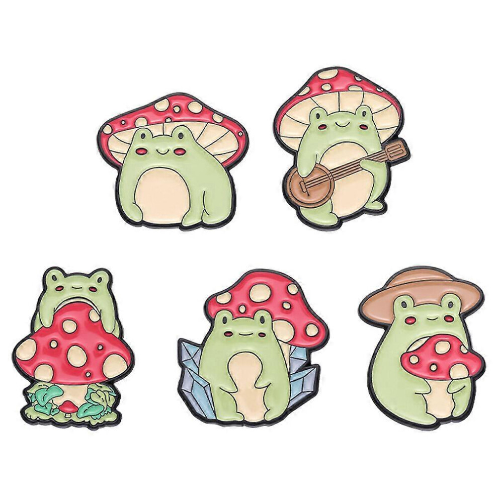 Kricely (As Show, One Size) 5Pcs Frog And Mushroom Pins Cute Animal Badge Coat Hat Brooches Exquisite Jewelry