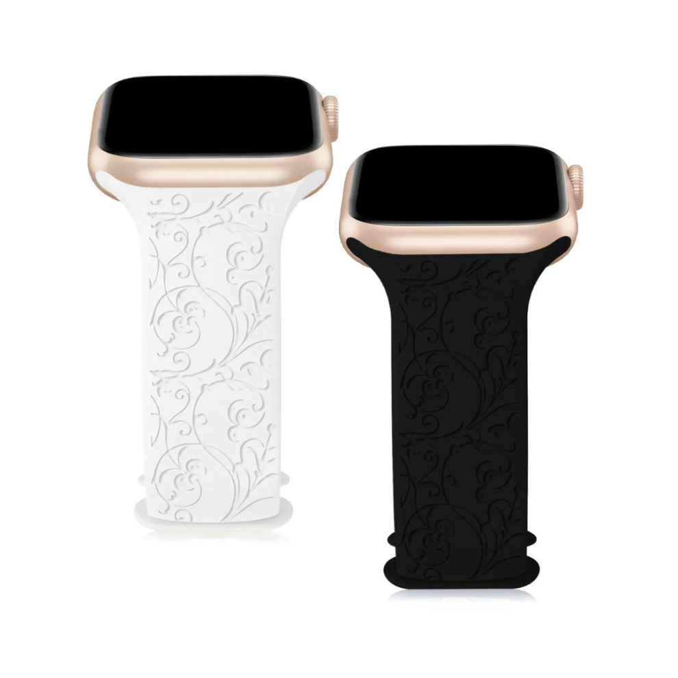 (Floral, Black & White) Engraved Apple Watch Strap 2-Pack 42Mm+ White,Black 5061023870105