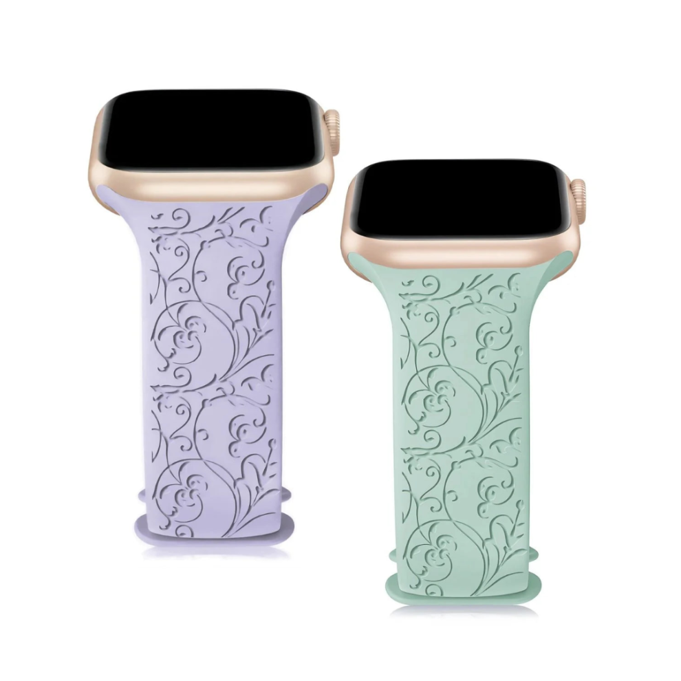 (Floral, Light Blue & Light Green) Engraved Apple Watch Strap 2-Pack 42Mm+ Blue,Green 5061023870068