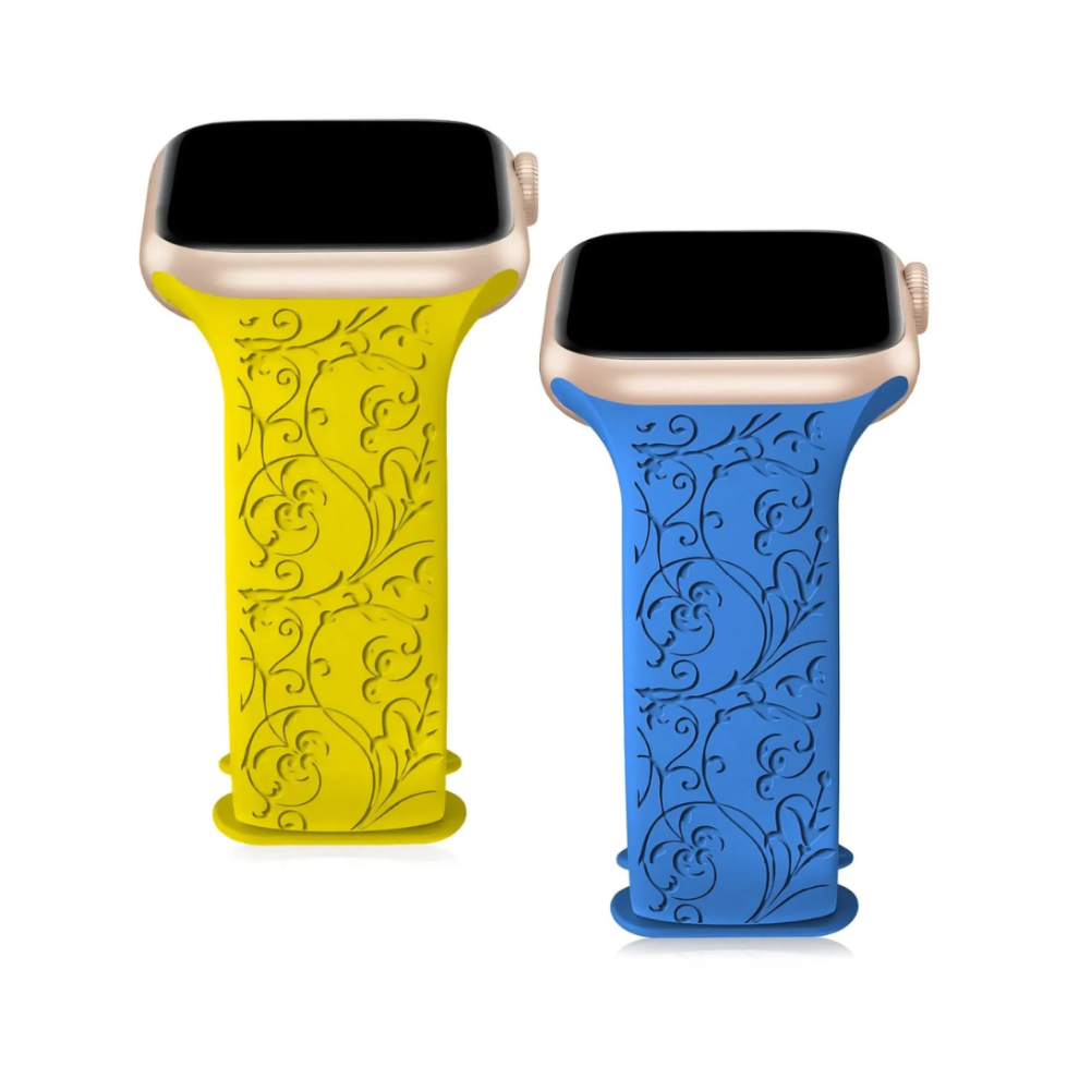(Floral, Blue & Yellow) Engraved Apple Watch Strap 2-Pack 42Mm+ Blue,Yellow 5061023870044