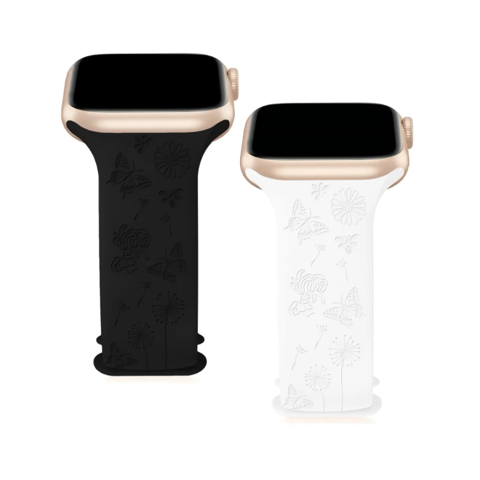 (Butterfly & Bee, Black & White) Engraved Apple Watch Strap 2-Pack 42Mm+ White,Black 5061023870341
