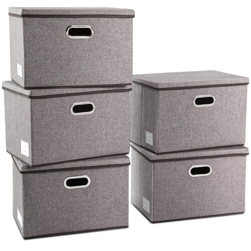 PRANDOM Large Collapsible Storage Containers with Lids [5Pack] Linen