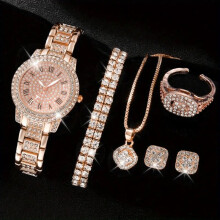 (72208RGO-2H151-H183) 6PCS Women Watch Luxury Elegant Alloy Watch Crystal Wristwatch For Ladies Gift Quartz Watch Alloy Rhinestone Bracelet