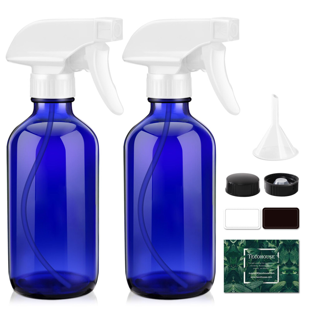 Tecohouse Glass Spray Bottle 8 oz  Blue Small Empty Refillable Sprayer Container with Labels  Funnel  Lids  Graduated Pipettes-image-OPC-PFRJS55-NEW