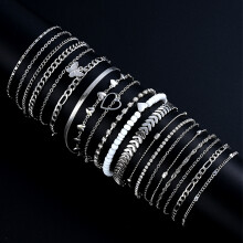 (AYASilver) 19Pcs/Set New Design Silver Color Anklet Sets for Women Fashion Pearl Butterfly Heart Crystal Foot Chain