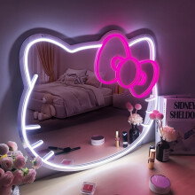 (White, One Size Fits All) 1pc Hello Kitty Cartoon Oval LED Neon Light Mirror, USB Powered Horizontal Wall Mirror