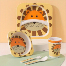 (Lion) 5pcs Cute Cartoon Animal Bamboo Cutlery Set - High-Quality Fiber Bowl, Plate, Mug, Spoon