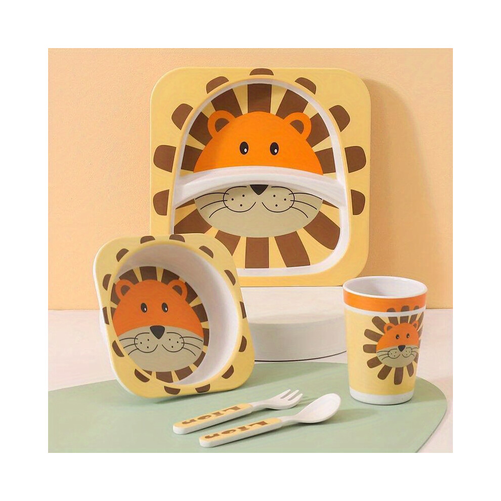(Lion) 5pcs Cute Cartoon Animal Bamboo Cutlery Set - High-Quality Fiber Bowl, Plate, Mug, Spoon