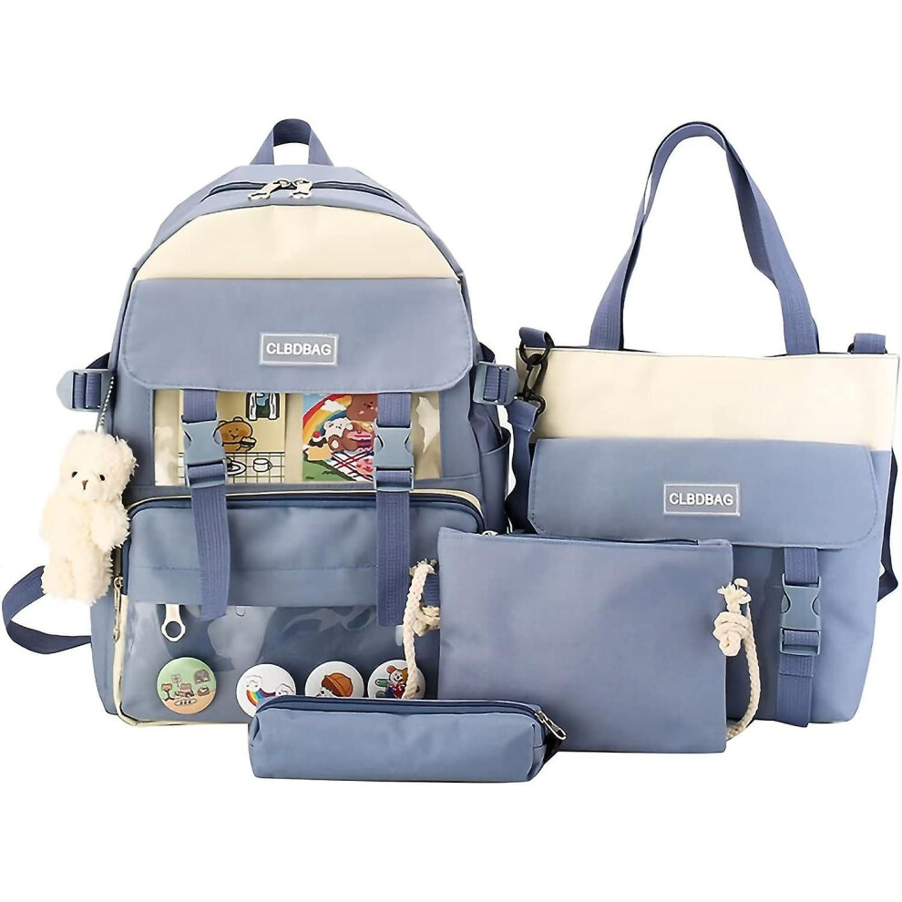Konhill (As Show, One Size) Kawaii Backpack 5Pcs Set With Cute Plush Pendants & Badge,High Capacity School Bag Cute Aesthetic Backpack- Blue