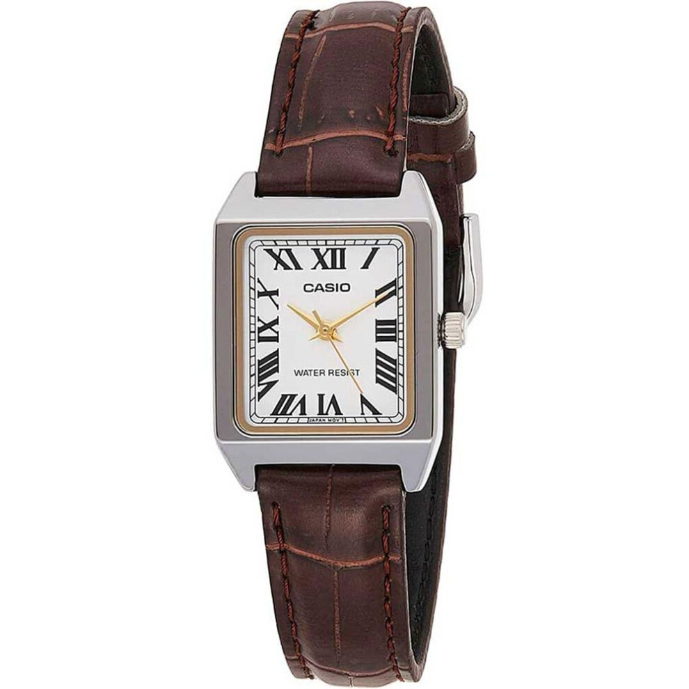 Montre analogique Casio Standard pour femme, bracelet en cuir chrom   , cadran blanc, quartz, LTP-V007L-7B2