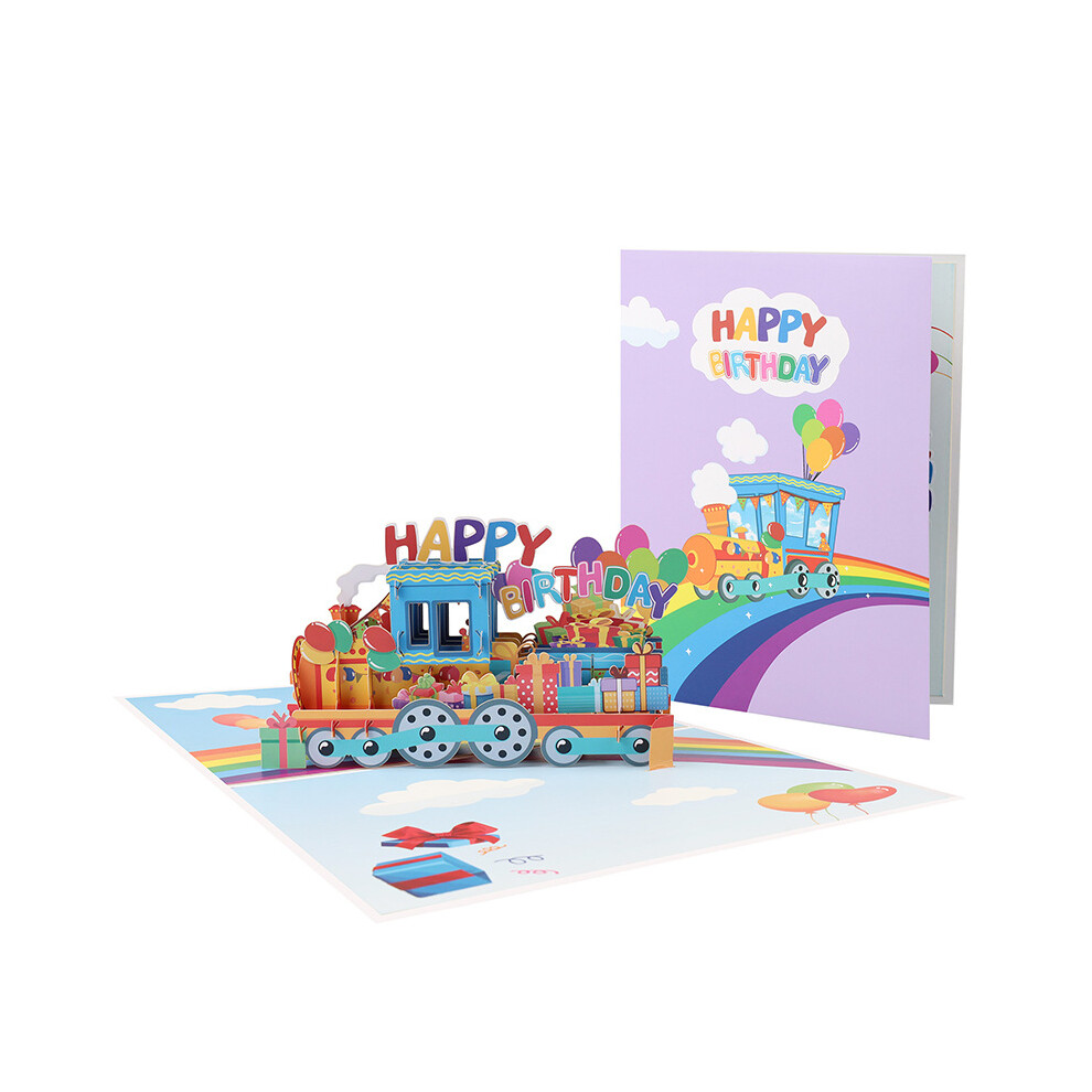 (Rainbow Birthday Train (New Product)) Birthday three-dimensional greeting card HAPPY BIRTHDAY handmade paper carving universal birthday card