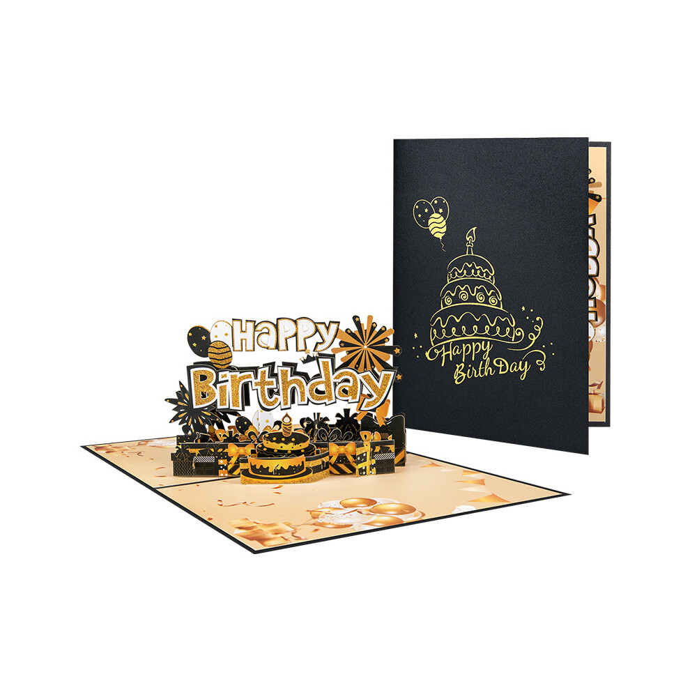 (Black Gold Cake Birthday Pure Words (New Product)) Birthday three-dimensional greeting card HAPPY BIRTHDAY handmade paper carving universal birthday