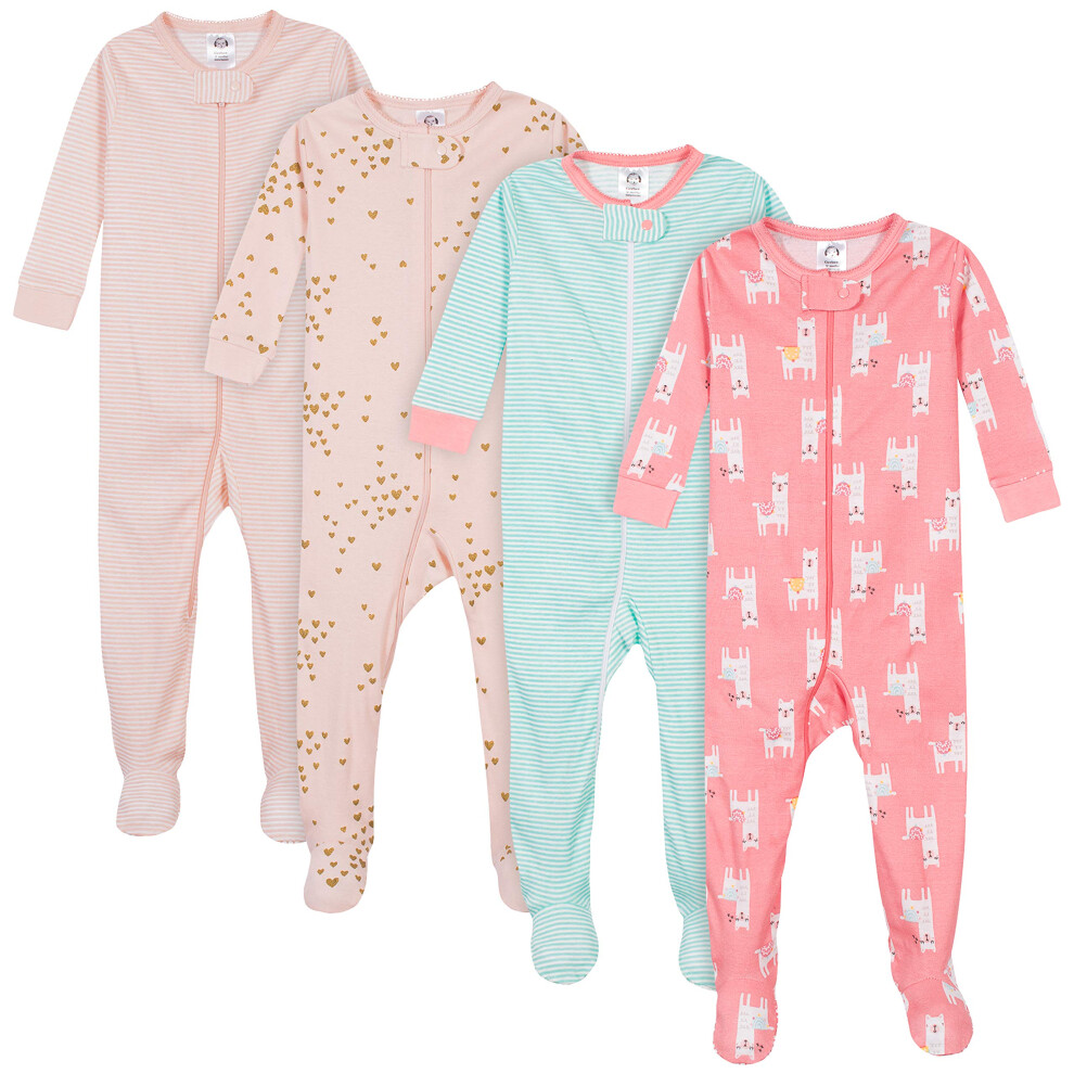 Gerber Baby Girls' 4-Pack Footed Pajamas  Love Llamas Pink  9 Months