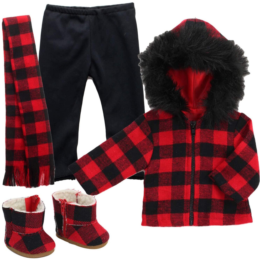 Manteau     carreaux en fourrure de buffle pour poup   e Sophia de 18 ans, leggings     carreaux,    charpe et bottes     carreaux