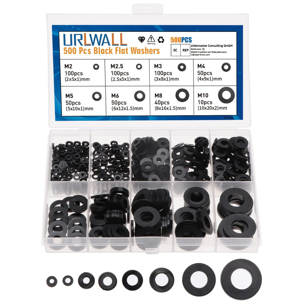 Urlwall 500Pcs Nylon Flat Washer Assortment Set Washers Metric Sealin 788125536481