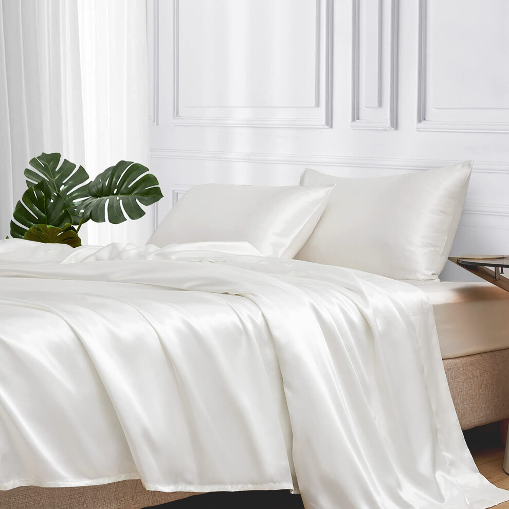 Parure de lit en satin MR&HM pour lit double, ensemble de 3 pi   ces, parure de lit soyeuse avec poche profonde de 15 pouces pour matelas (Twin Ivory)