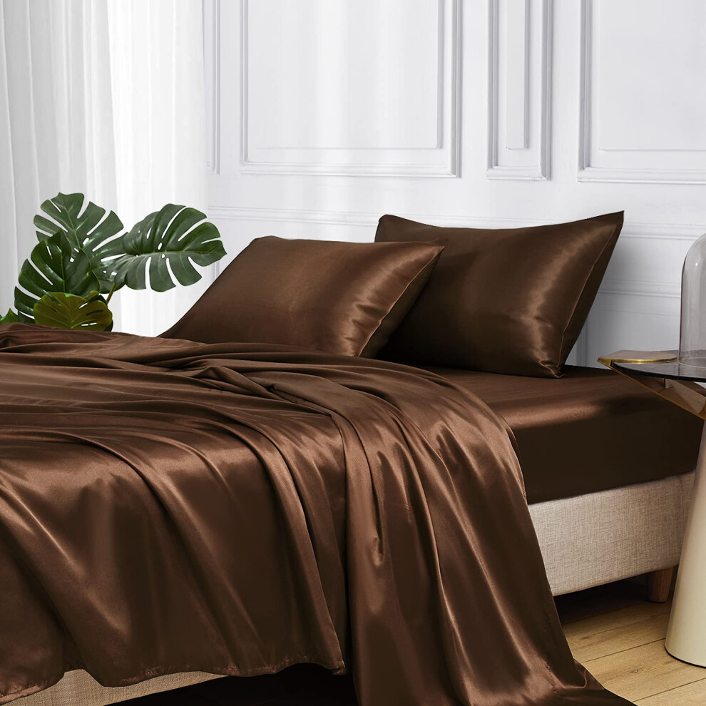 MR&HM Parure de lit en satin Queen Size 4 pi   ces Parure de lit soyeuse avec poche profonde de 15 pouces pour matelas (Queen Brown)