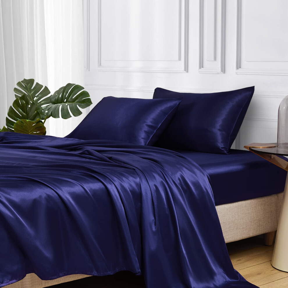 Parure de lit MR&HM en satin, 4 pi   ces, draps de lit double, soyeux, avec poche profonde de 38 cm pour matelas (bleu marine)