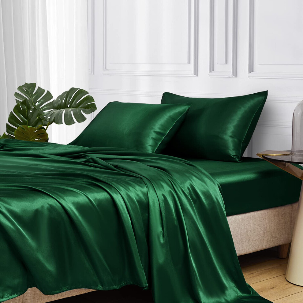 Parure de lit MR&HM en satin, 4 pi   ces, draps soyeux, avec poche profonde de 38 cm pour matelas (vert fonc   )