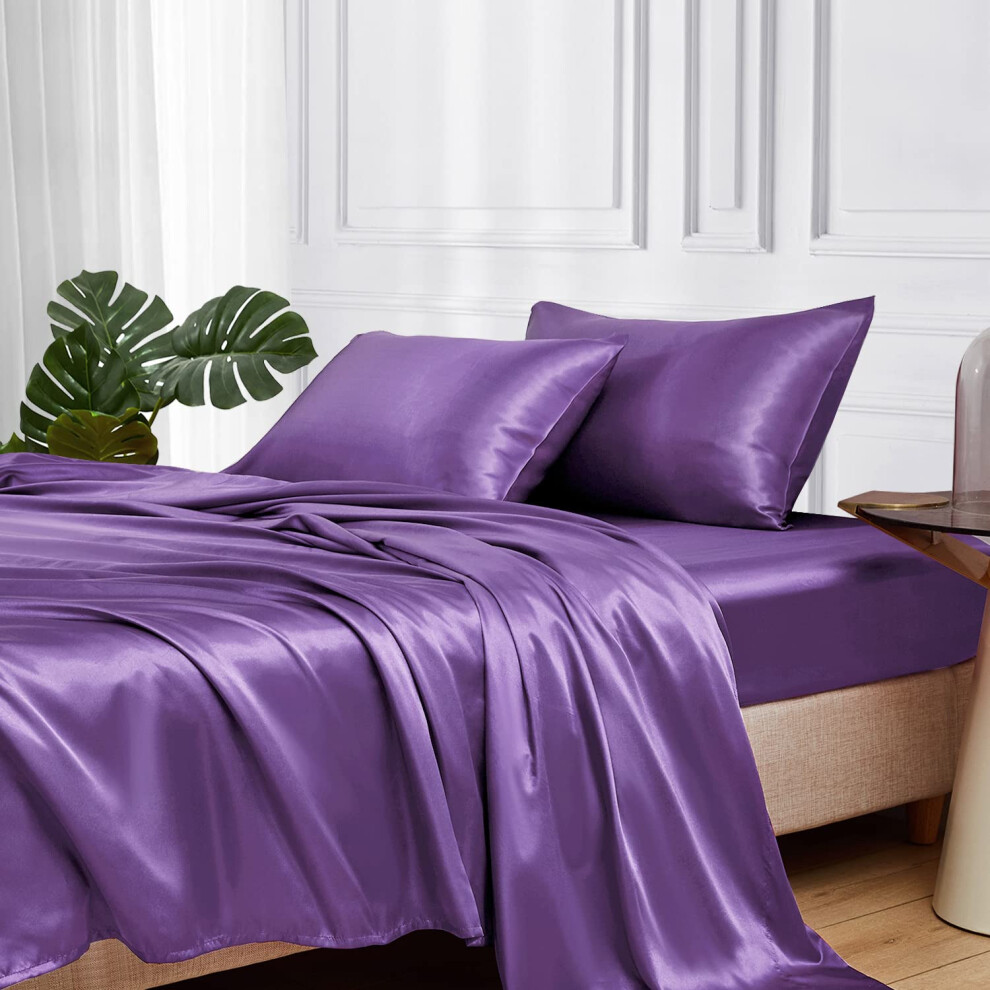 Parure de lit en satin MR&HM King Size 4 pi   ces Parure de lit soyeuse avec poche profonde de 15 pouces pour matelas (King Lavender)