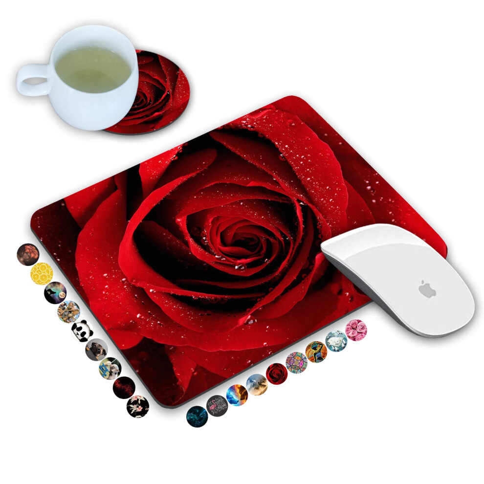 Ensemble tapis de souris et sous-verres LOWORO, tapis de souris rectangulaire antid   rapant avec base en caoutchouc, motif rose rouge, pour ordina
