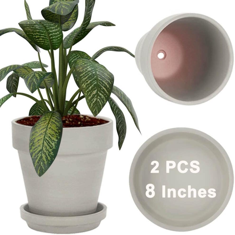 Lot de 2 grands pots de fleurs en terre cuite avec soucoupes et pots de fleurs en argile avec drainage Gris vensovo de 8 pouces